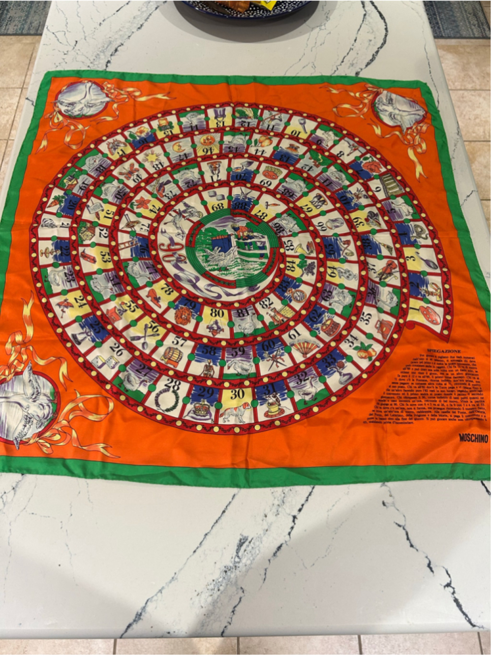 Women's vibrant Moschino "Giuoco dell'Oca" (Game of the Goose Orange silk scarf